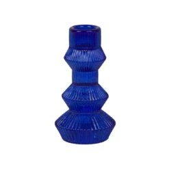 Geometric Cobalt Blue Glass Candlestick Holder