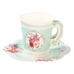 Mint Green Floral Paper Teacup & Saucer Set - 12 Pack