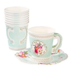 Mint Green Floral Paper Teacup & Saucer Set - 12 Pack -Perfect Party Store TS6 CUPSET 3 b8a74170 a829 4443 9fe5 6875357e81e9
